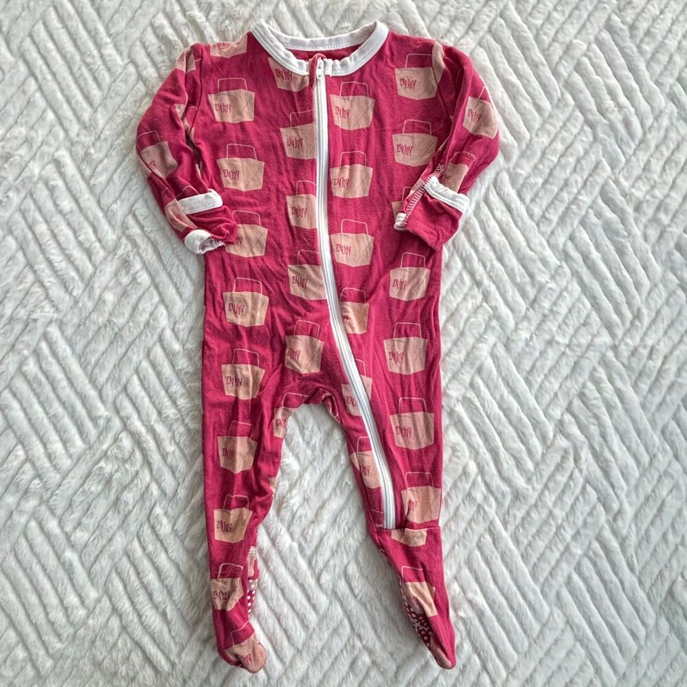 Kickee Pants Footie Pajamas 3-6 Months Bamboo Zip Sleeper Pink Takeout Print